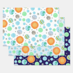 Planeten en zonnen blauw eerste reis verjaardag inpakpapier vel