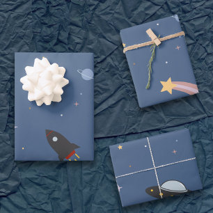 Planeten & raket, buitenruimte inpakpapier vel