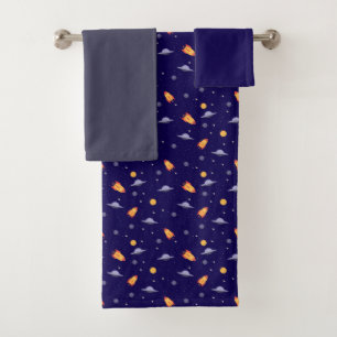 Planeten sterren patroon blauw donkergrijs set Han Bad Handdoek