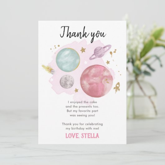 Planeten Sterrenstelsel Meisje Roze Dank Je Kaart (Staand voorkant)