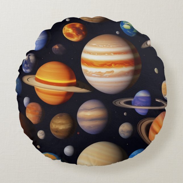 Planetenpatroon Rond Kussen (Voorkant)