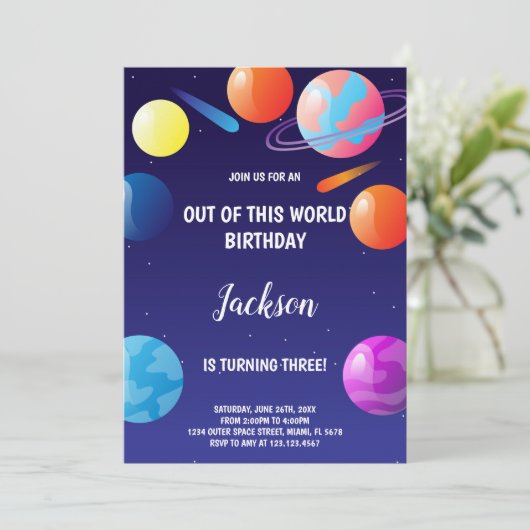 Planets Outer Space Kinder feestuitnodiging Kaart (Staand voorkant)