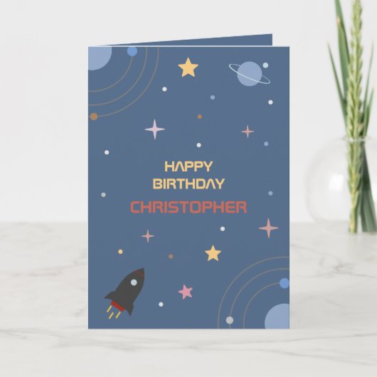 Planets & Rocket, Outer Space Birthday Kaart (Voorkant)