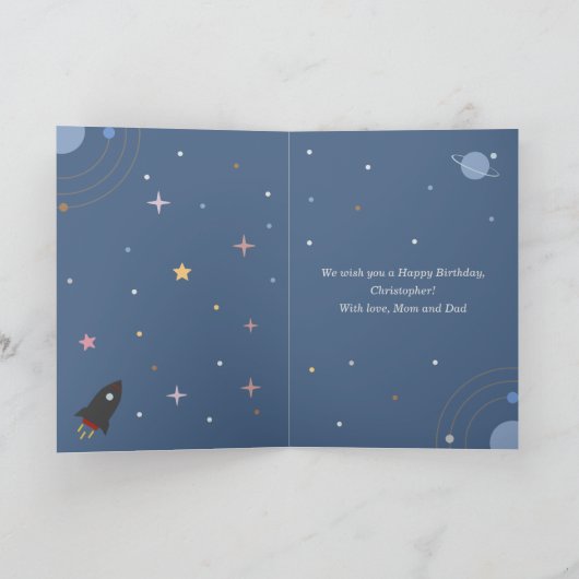 Planets & Rocket, Outer Space Birthday Kaart (Binnen)