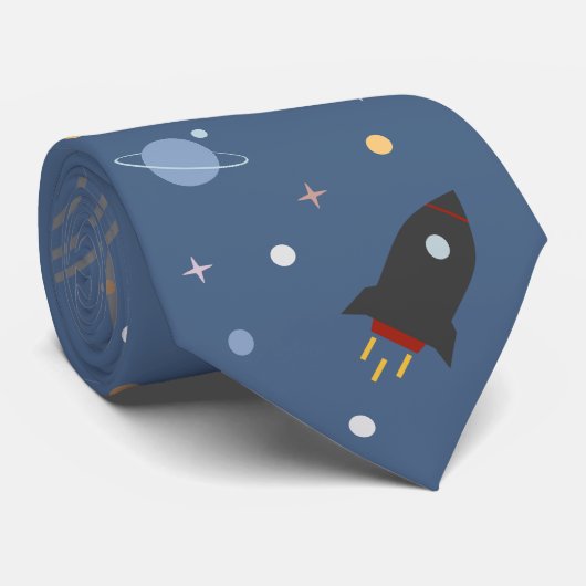 Planets & Rocket, Outer Space Blue Stropdas (Opgerold)