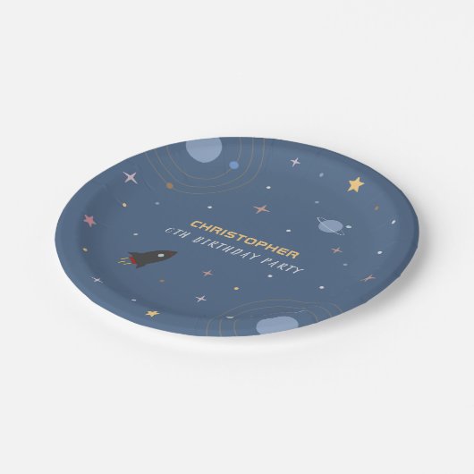 Planets & Rocket, Outer Space Verjaardagspapier Bo Papieren Bordje (Gekanteld)
