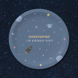 Planets & Rocket, Outer Space Verjaardagspapier Bo Papieren Bordje