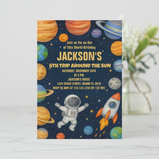 Planets & Rockets verjaardagsuitnodiging Kaart (Staand voorkant)