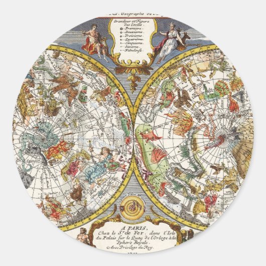  Planisfeer sterrenkaart van Nicholas de Fer Ronde Sticker (Voorkant)