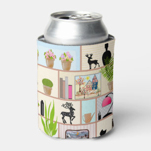 Planken met bloemen, boeken en decoraties blikjeskoeler