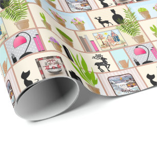 Planken met bloemen, boeken en decoraties cadeaupapier