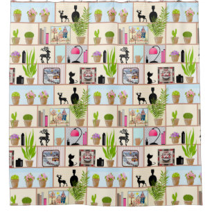 Planken met bloemen, boeken en decoraties douchegordijn