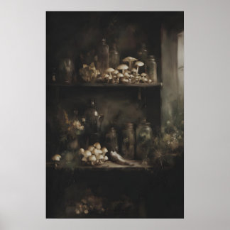 Planken Vol Met Paddenstoelen en Antieke Flessen Poster