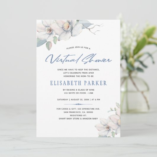 Plannen wijzigen blauw bloemenvirtueel baby shower kaart (Staand voorkant)