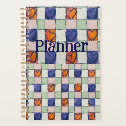 Planner blauw sinaasappel groen hart gingham (Voorkant)
