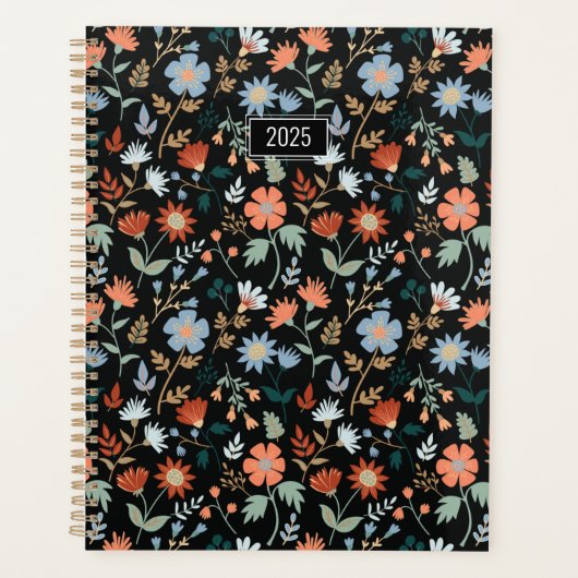 Planner Elegante Bloemen Zwart Sinaasappel Blauw B (Voorkant)