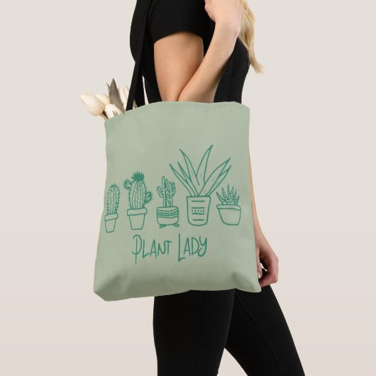 Plant Lady Cactus Succulent Gardening in Green Tote Bag (Dichtbij)