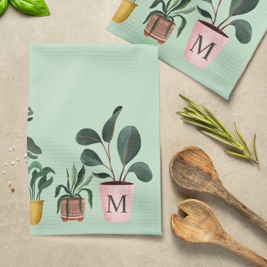 Plant Lover Chic Waterverf Poted Planten Monogram Theedoek