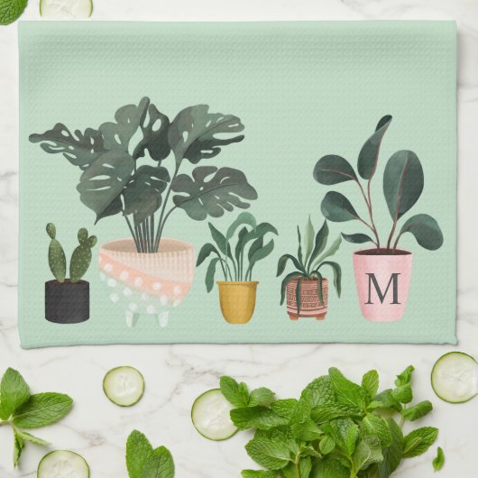 Plant Lover Chic Waterverf Poted Planten Monogram Theedoek (Gevouwen)