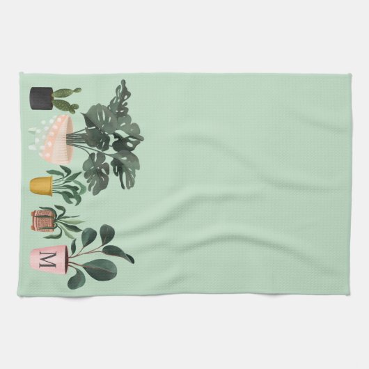 Plant Lover Chic Waterverf Poted Planten Monogram Theedoek (Horizontaal)