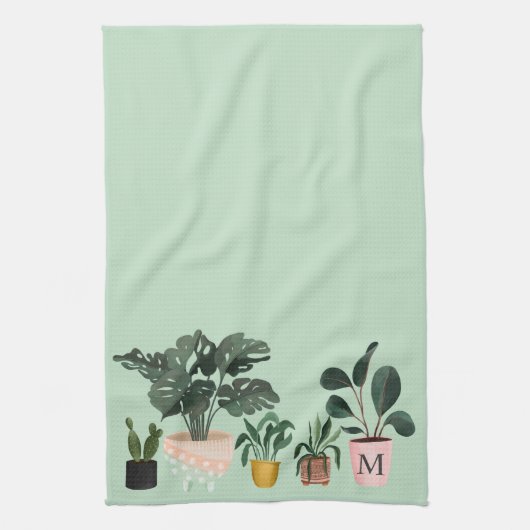 Plant Lover Chic Waterverf Poted Planten Monogram Theedoek (Verticaal)