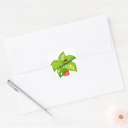 Plant met Lady Bugs Vierkante Sticker (Envelop)