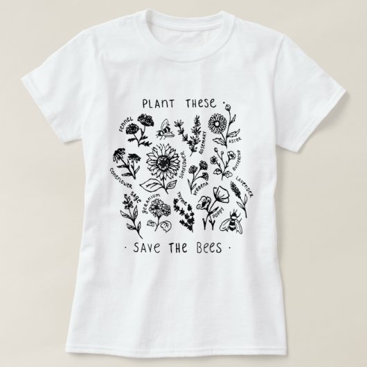 Plant These Save The Bees Botanical Design T-shirt (Design voorkant)