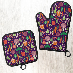 Plantaardig voedselpatroon donker ovenwant & pannenlap set