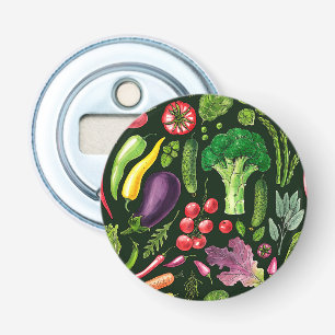 Plantaardige kruiden en tuinoogst op zwart button flesopener