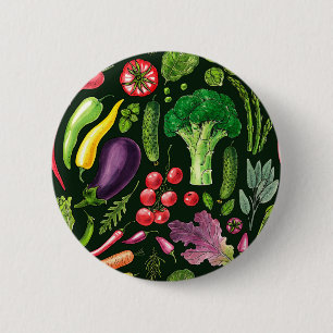 Plantaardige kruiden en tuinoogst op zwart ronde button 5,7 cm