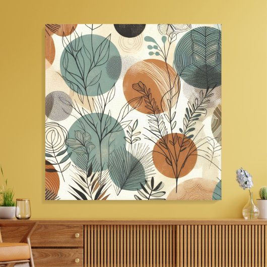 Plantaardige lijnkunst met aardse tinten en Abstra Canvas Afdruk (Insitu (Woonkamer))