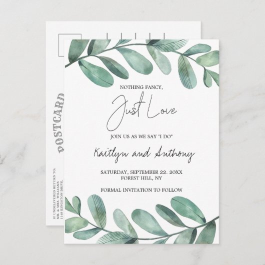 Plantaardige Waterverf Groen Eucalyptus Announcem Aankondigingskaart (Voorkant / Achterkant)