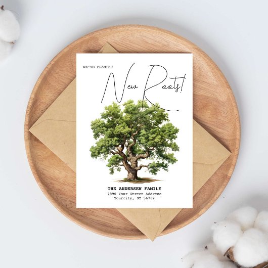 Planted New Roots Adres Eiken Boom Waterverf Verpl Aankondigingskaart