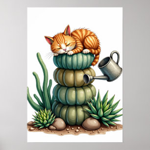 Planten Ouders Kat Slapen Vetplanten Aquarel St Poster