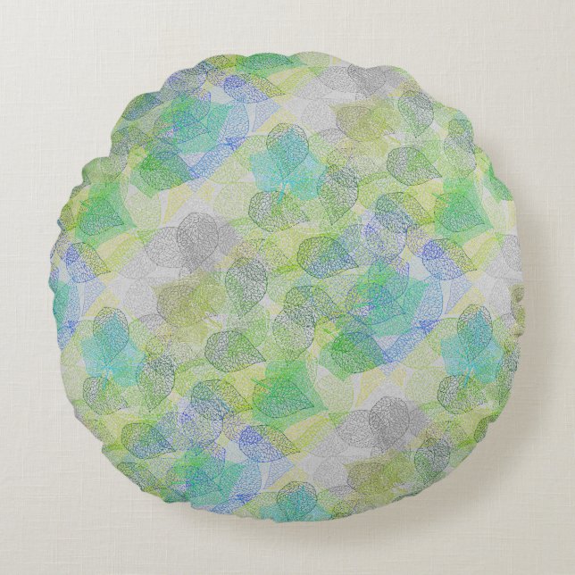 Planten patroon A02.b Leaves LGrey BG Rond Kussen (Voorkant)