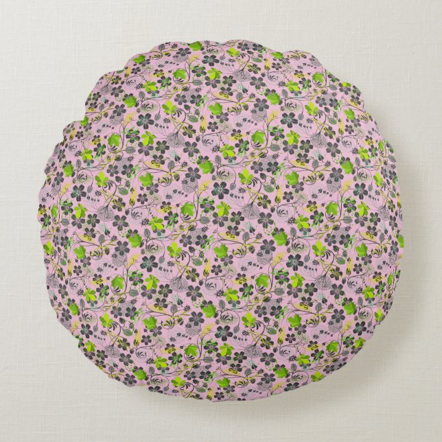 Planten patroon A03.b Roze BG Rond Kussen (Voorkant)