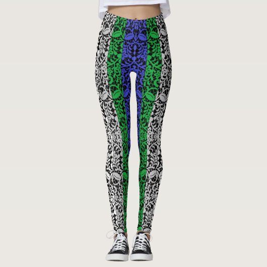 Planten patroon Blauw en Groene A07.b Zwarte BG Leggings (Voorkant)