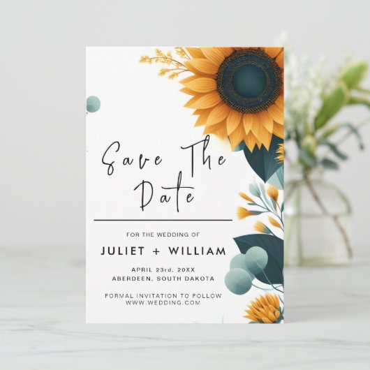 Planten rustieke tuin groen zonnebloem bruiloft save the date (Staand voorkant)
