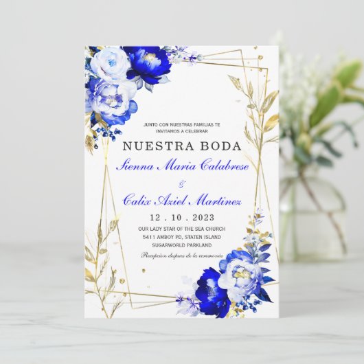 Plantilla de boda en azul real y dorado kaart (Staand voorkant)