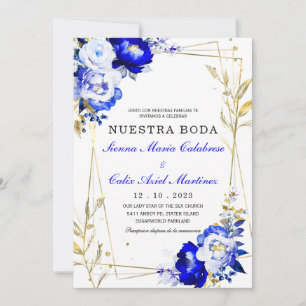 Plantilla de boda en azul real y dorado kaart