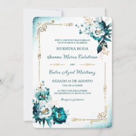 Plantilla de Boda Verde Azulado y Dorado Kaart
