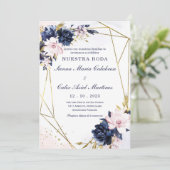 Plantilla de invitación de boda azul real y rubor kaart (Staand voorkant)