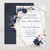 Plantilla de invitación de boda azul real y rubor kaart (Voorkant / Achterkant)