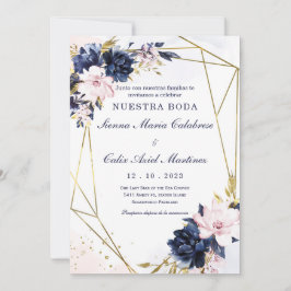 Plantilla de invitación de boda azul real y rubor kaart
