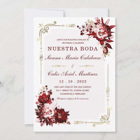 Plantilla Editable de Boda en Burdeos y Dorado Kaart (Voorkant)