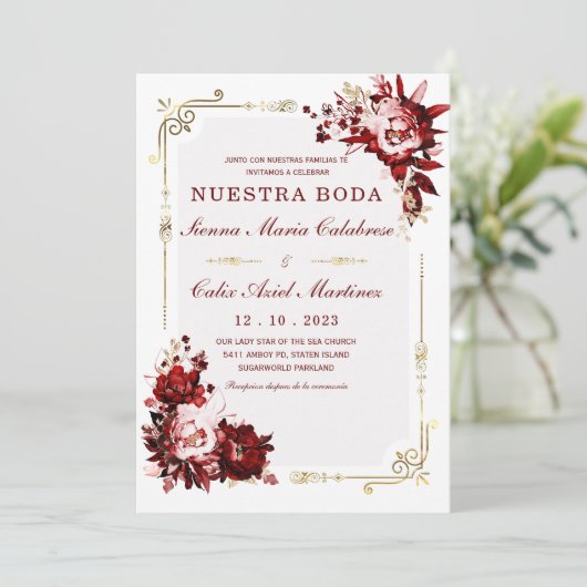 Plantilla Editable de Boda en Burdeos y Dorado Kaart (Staand voorkant)