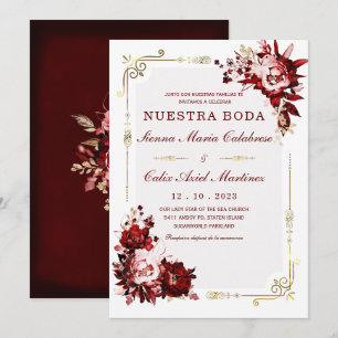 Plantilla Editable de Boda en Burdeos y Dorado Kaart