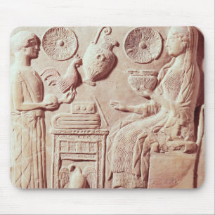 Plaque van een vrouw die cadeaus geeft aan een zit muismat