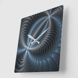 Plastic Blauw Grijs 3D Fractale Kunst Moderne Abst Vierkante Klok