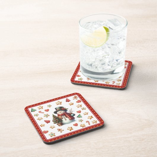 Plastic Coaster Snowman and Christmas Cookies Red Bier Onderzetter (Rechterzijde)